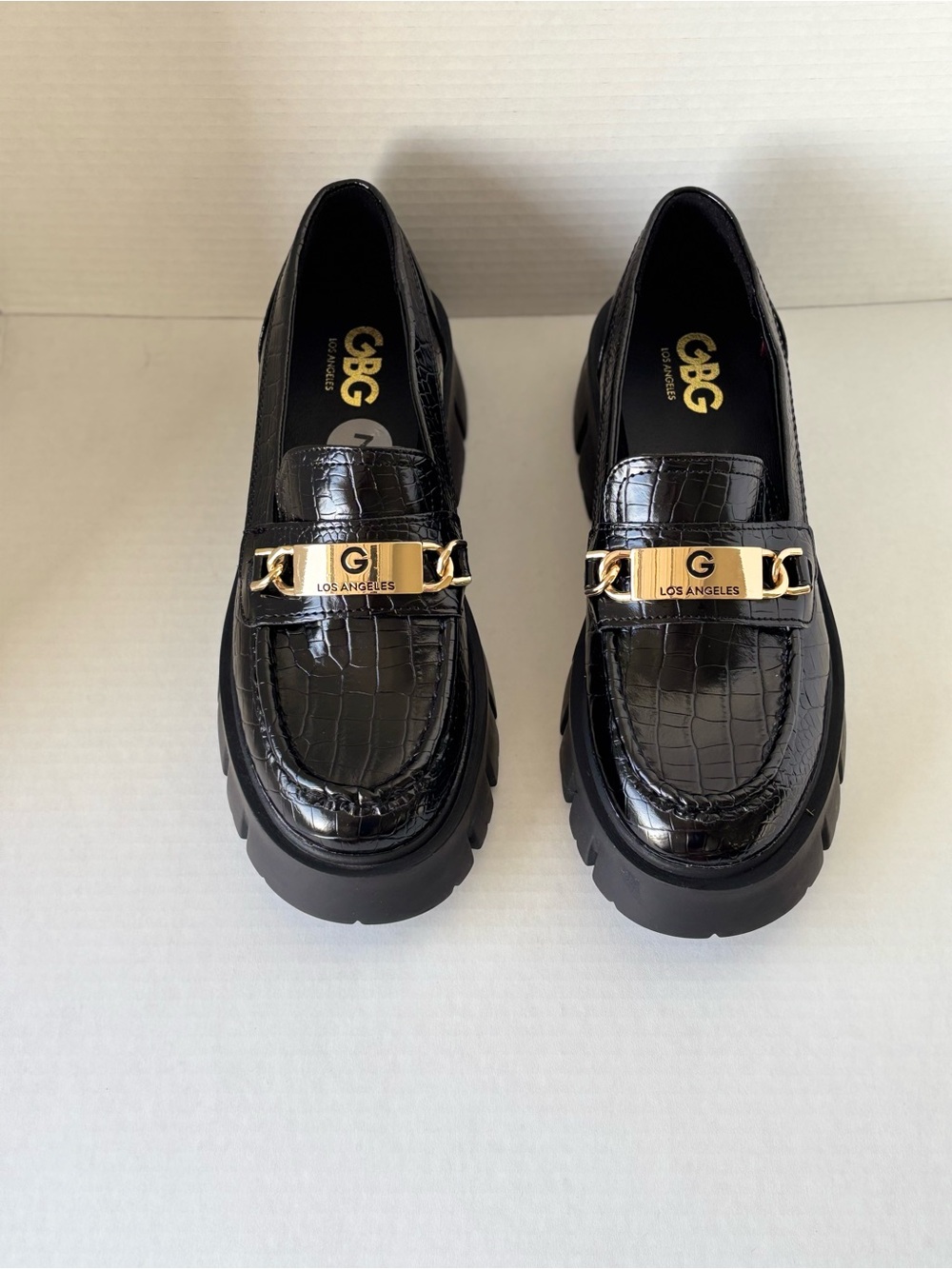 G by Guess Black Croc-Embossed Platform Loafers with Gold Plaque Accent